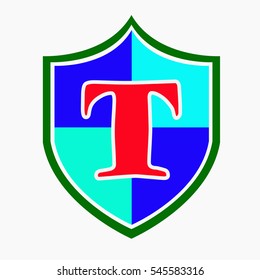 Shield letter T, cyan and blue mix color