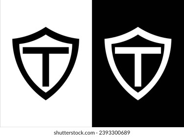 SHIELD AND LETTER "T" MONOGRAM DESIGN. BLACK AND WHITE BACKGROUND. SUITABLE FOR YOUR BRAND OR BUSINESS LOGO.
