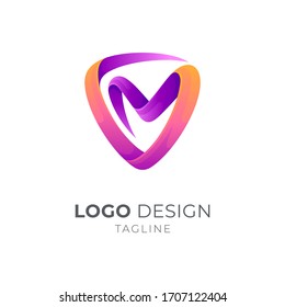 Shield letter VM/MV logo concept, 3d ribbon logo style, gradient glossy colors