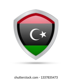 Shield with Libya flag on white background. Vector illustration.
