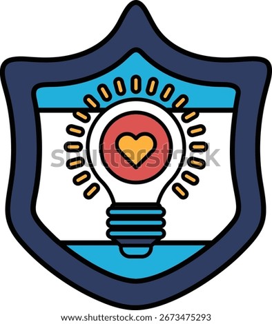 A shield with a light bulb and a heart. The light bulb is lit up and the heart is open