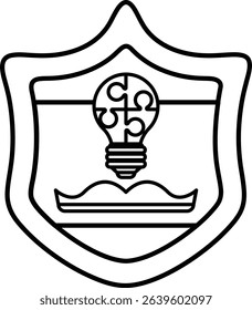 A shield with a light bulb on it. The shield is black and white. The light bulb is a symbol of knowledge and learning