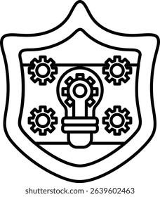 A shield with a light bulb on it. The shield is black and white. The light bulb is surrounded by gears