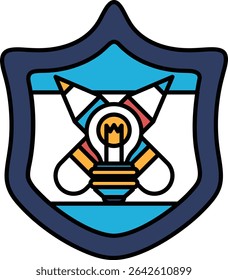 Un escudo con una bombilla. El escudo es azul y blanco. La bombilla es de color amarillo y naranja