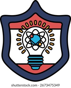 A shield with a light bulb on it. The light bulb is surrounded by a circle of stars