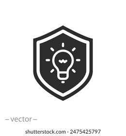 shield with lightbulb icon, copyright protection, intellectual property security, defence authorship, flat symbol on white background - vector illustration eps10