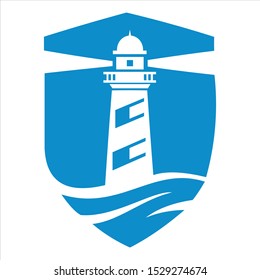 Shield lighthouse template logo designs vector illustration