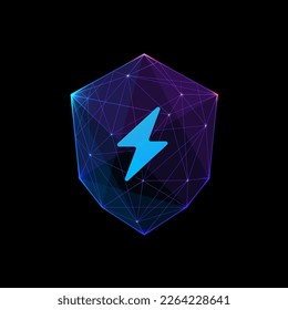 Blindaje con un rayo aislado en el fondo negro. Bajo concepto de protección eléctrica futurista. Ilustración vectorial. Seguridad de la cuadrícula
