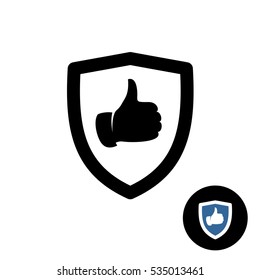 Shield with like hand thumbs up icon. Warranty sign. Secure approve symbol.