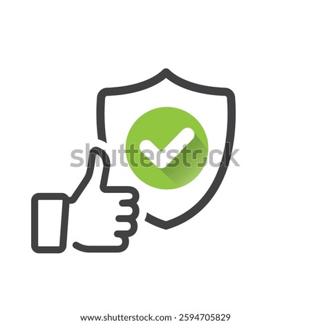 Shield with like hand thumbs up icon. Warranty sign.