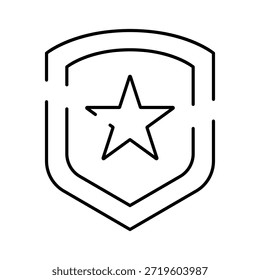 Icono del arte de la línea del escudo con la estrella centrada que representa la seguridad, la protección, el honor y el logro, emblema minimalista de la insignia para la policía, el ejército, el ui, el App, la certificación o los conceptos del premio