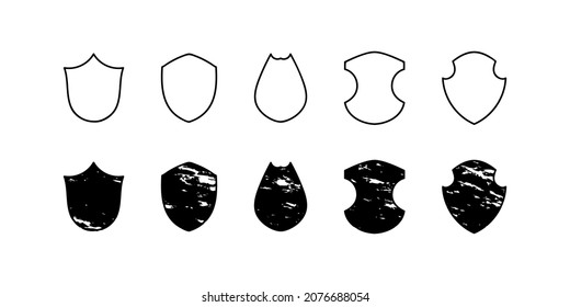 Shield line and grunge vector icon set. Shields outline contour and grungy style emblem collection.