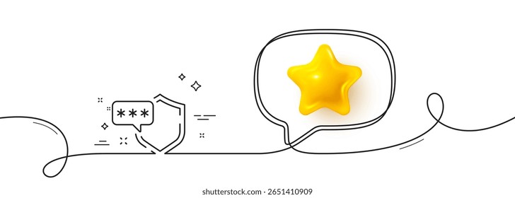 Shield line icon. Continuous line with 3d star. Privacy secure sign. Safe defense symbol. 3d star in speech bubble. Shield single line ribbon. Loop curve pattern. Vector