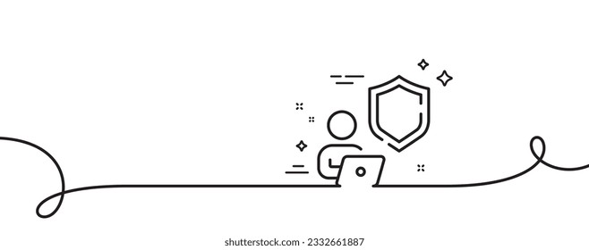 Shield line icon. Continuous one line with curl. Privacy secure sign. Safe defense symbol. Shield single outline ribbon. Loop curve pattern. Vector