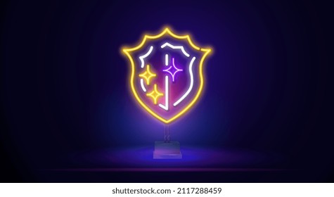 Schildliniensymbol. Neon-Laserstrahlen. Das Symbol des Ritterschildes. Glühende Lasersprechblase. Blase Kommunikation mit Neonleuchten. Ein Banner-Symbol mit einem bestätigten Symbol. Vektorgrafik