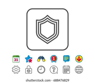 Shield line icon. Protection or Security sign. Defence or Guard symbol. Calendar, Globe and Chat line signs. Binoculars, Award and Download icons. Editable stroke. Vector