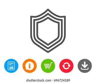 Shield line icon. Protection or Security sign. Defence or Guard symbol. Report, Information and Refresh line signs. Shopping cart and Download icons. Editable stroke. Vector