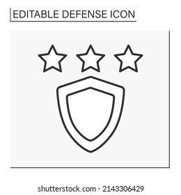  Icono de la línea Escudo. Programa de clasificación de la protección. Evaluación de tres estrellas. Concepto de defensa. Ilustración vectorial aislada. Trazo editable