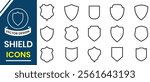 Shield line icon, vector set. Protect shield security icons. Set of shields silhouette. Shield symbol, sign, logo or emblem design. Vector illustration.