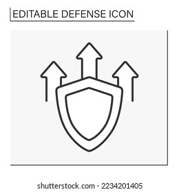  Icono de la línea Escudo.Mejorar la habilidad de protección. Flechas arriba. Concepto de defensa. Ilustración vectorial aislada. Trazo editable