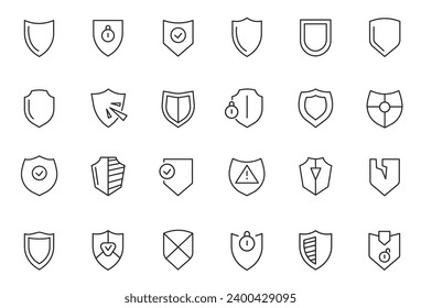 Shield line icons. Medieval heraldic insignia, empty security protection blank icons, privacy guarantee blank badges. Vector isolated collection of shield medieval royal illustration