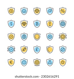 Shield line icons. Set of shield icons. Black, blue and yellow colors. Modern outline graphic design. Vector line icons set