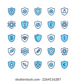 Shield line icons. Set of shield icons. Blue color. Vector line icons set