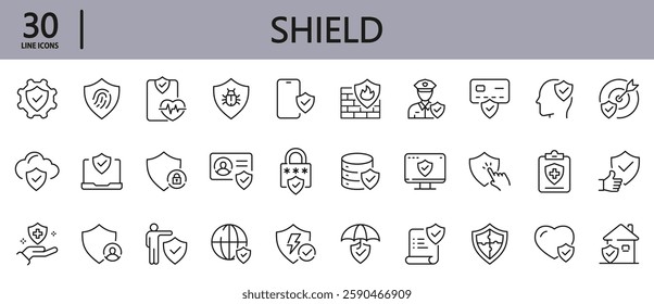 Shield line icons set with Guard, Security, Protection, Technology, Network and more. Editable Stroke