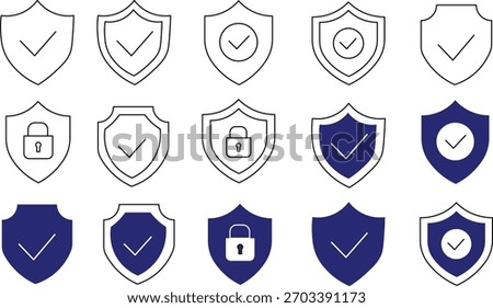 Shield line icons set with security protection, safety badge, checkmark guard and defense symbols for cybersecurity vector illustration