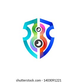 shield in line logo, dual camera inside shield, logo style
