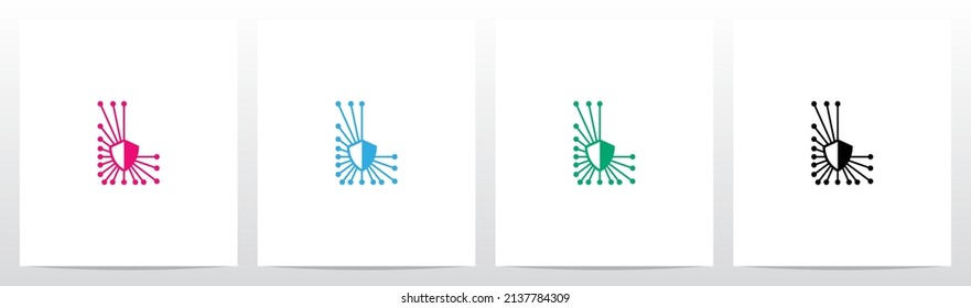 Shield Line Nodes Letter Logo Design L