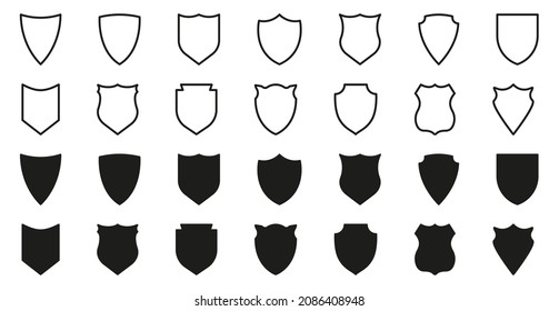 Shield Line and Silhouette Icon Set. Sign of Safety, Defence, Safe Pictogram. Guard Defense Emblem Collection Icon. Antivirus Protect Badge. Editable Stroke. Isolated Vector Illustration.