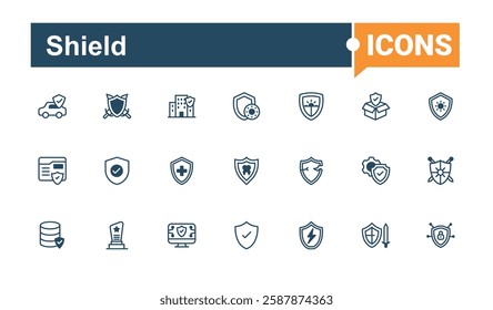 Shield linear icon. Contains such icons as insurance, password, safety, award, protection, silhouette, check. Pixel perfect. Collection of simple line web icons.
