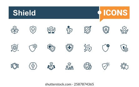 Shield linear icon. Contains such icons as insurance, password, safety, award, protection, silhouette, check. Pixel perfect. Collection of simple line web icons.