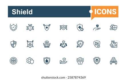 Shield linear icon. Contains such icons as insurance, password, safety, award, protection, silhouette, check. Pixel perfect. Collection of simple line web icons.