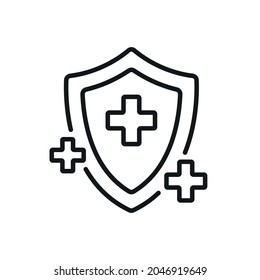 Shield linear icon. Health care. Thin line customizable illustration. Contour symbol. Vector isolated outline drawing. Editable stroke