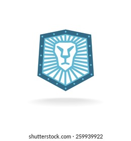 Shield with lion head linear style logo. Defense and security application.