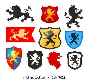 Shield with lion, heraldry vector logo. Coat of arms icons