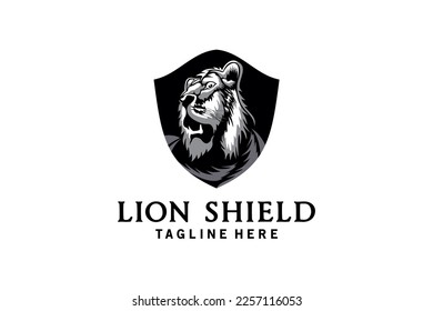 Shield lion logo design, abstract lion head silhouette symbol vector illustration