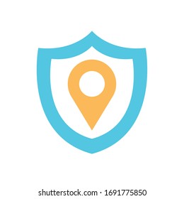 shield with location pin icon over white background, flat style, vector illustration