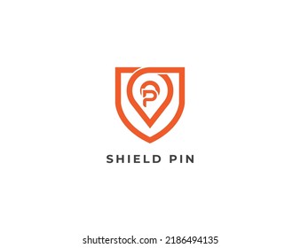 Shield Location Pin Logo Concept sign icon symbol Design Line Art Style with Letter P. Safety, Security and Defense Logotype. Vector illustration template