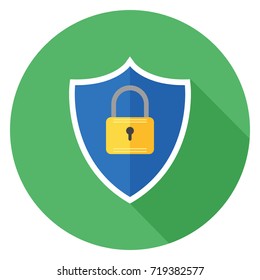 Shield with lock icon. Illustration in flat style. Round icon with long shadow.