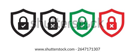 Shield with lock icon set. Shield checkmark and shield lock symbol. Privacy symbol vector illustration eps 10