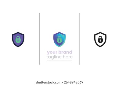 Shield and lock icon set in gradient, flat, and black  white styles. Perfect for cyber security, digital protection, antivirus systems, and online safety.