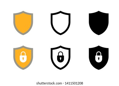 Shield with lock icon set. Yellow and black symbol flat vector illustration EPS10
