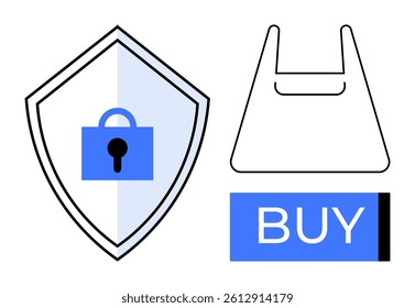 Shield with lock icon, shopping bag outline, and blue BUY button. Ideal for online shopping, cybersecurity, safe transactions, ecommerce platforms, digital security, consumer protection, retail