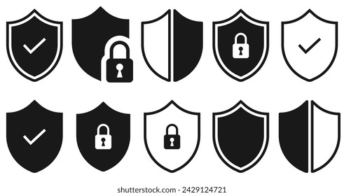 shield and lock icons. linear and filled vector concept. ui,web protection icon collection.