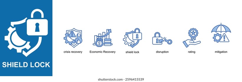 Shield lock icons sets of crisis management with different styles
