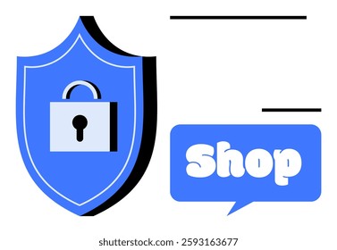 Shield with lock indicating security and protection Shop text in blue speech bubble Ideal for topics, such as online shopping cyber security retail e-commerce and safe transactions Modern flat design