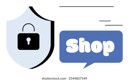 Shield with lock next to a blue speech bubble containing the word Shop. Ideal for e-commerce security, online retail, cybersecurity, digital privacy, and secure transactions themes. Minimalist vector